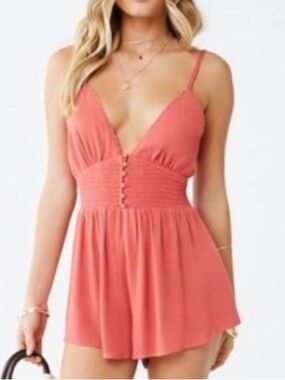 Forever 21 Cayenne Red Smocked Jumpsuit